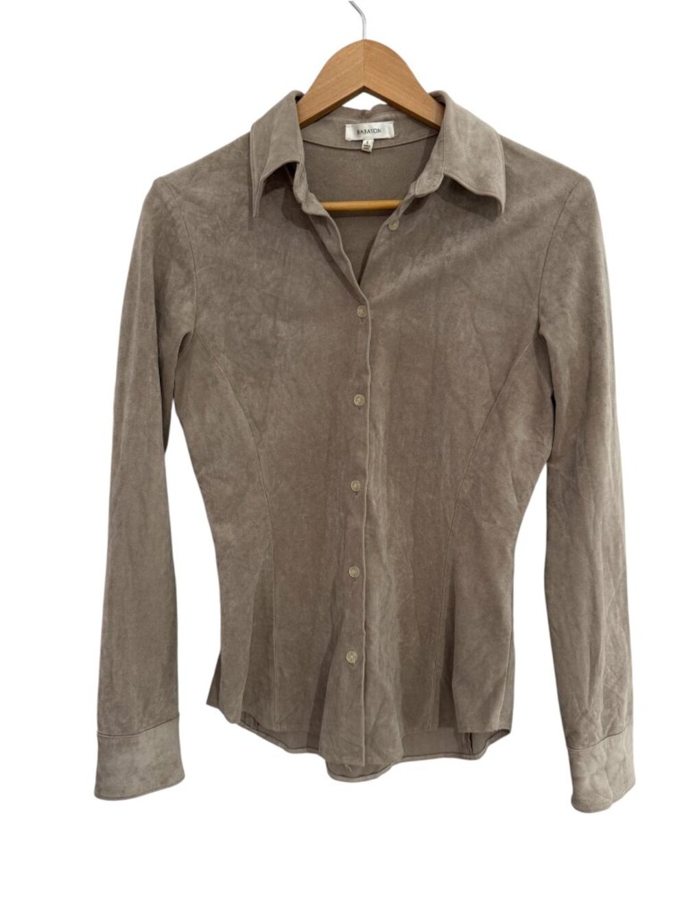 Babaton Taupe Faux Suede Fitted Button Up Blouse Long Sleeve 6